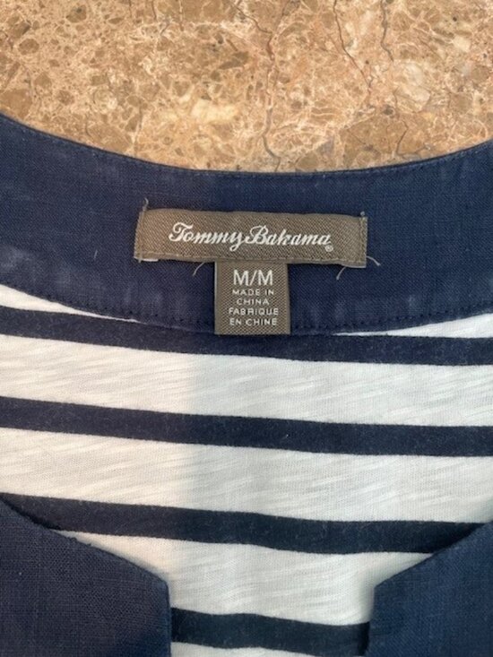 TOMMY BAHAMA Sleeveless Blue White Striped w/Tropical Print Cotton Dress MEDIUM - Picture 7 of 14